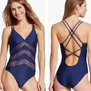 Mossimo Lace Inset V-Neck Strappy Back One-Piece Swimsuit in Blue Women’s Size M